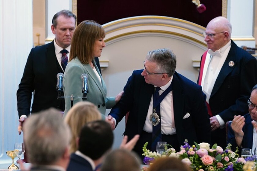 Chancellor of the Exchequer Rachel Reeves shakes hands with Lord Mayor of the City of London Alastair King at the Annual Financial and Professional Services Dinner at Mansion House, London. Picture date: Tuesday July 15, 2025.