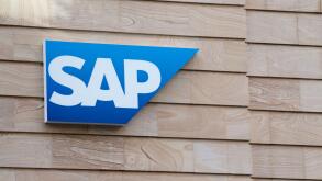 Brisbane, Queensland, Australia - 21st January 2020 : SAP Logo hanging in front of a building facade in Brisbane. SAP is a European multinational soft