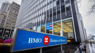 MONTREAL, CANADA - NOVEMBER 3, 2018: Bank of Montreal logo, known as BMO, in front of their main office. Called as well banque de Montreal, it is one 
