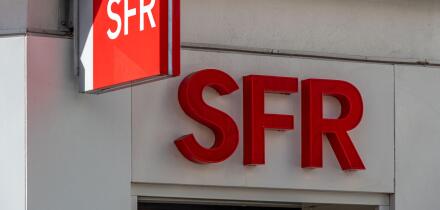Sign and logo of an SFR store. SFR is a French mobile network operator and telecommunications company, a subsidiary of Altice France