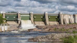 Hydropower Plant in Stornorrfors, Sweden with a cloudy sky.