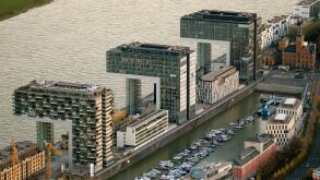 Aerial, Crane building, Crane Houses, Rheinauhafen, Rhine, architect Alfons Lister, Cologne, Rhineland, Cologne Bay, North Rhine-Westphalia, Germany, 