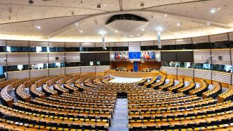 The hemicycle at Espace Leopold, European Parliament building, Brussels, Belgium