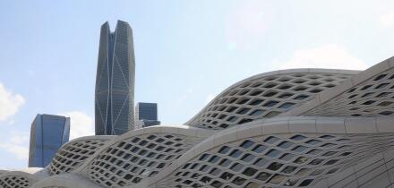 The Public Investmet Fund?s PIF Tower rises above the Zaha Hadid-designed Riyadh Metro station in the King Abullah Financial District in Saudi Arabia