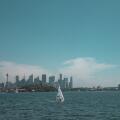 Wide angle view of the Sydney Harbour skyline featuring the CBD, Sydney Opera House, and Harbour Bridge with sailboats in the foreground.