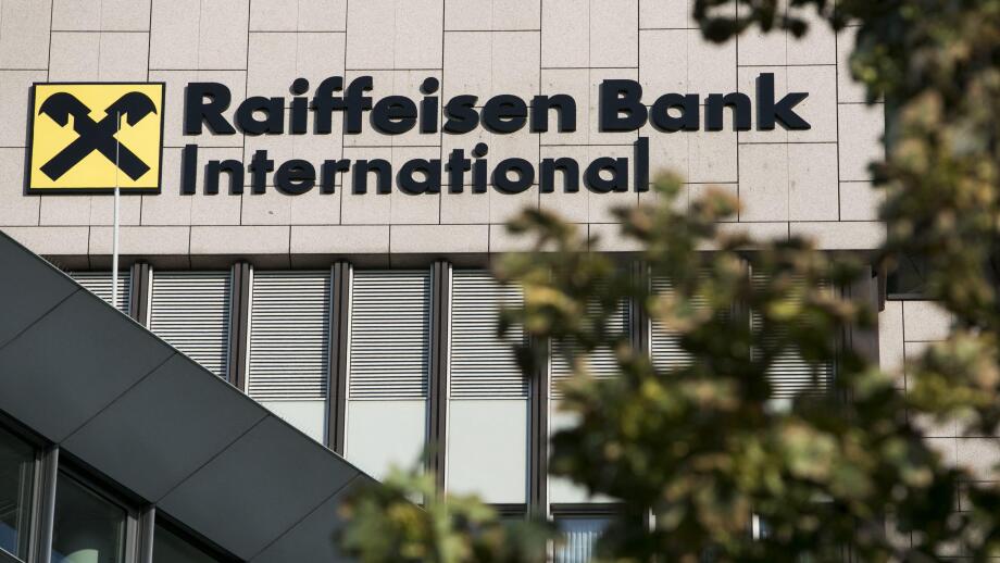 A logo sign outside of the headquarters of Raiffeisen Bank International (RBI) in Vienna, Austria, on September 5, 2018. (Photo by Kristoffer Tripplaar/Sipa USA)