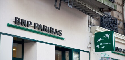 Entrance to a branch of the BNP Paribas branch in central Paris.