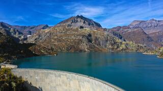 Emosson dam and water reservoir, Barrage d'Emosson, aerial shot, Finhaut, Valais, Switzerland
