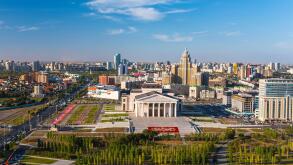 Central Asia, Kazakhstan, Astana, elevated view over the city center and Opera Theater building
