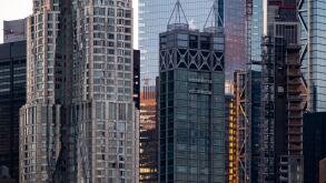 Close up view of commercial buildings in Lower Manhattan. Image shot 10/2019. Exact date unknown.