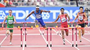 Rai Banjamin (USA), Abderrahman Samba (QAT) Takatoshi Abe (JPN) Thomas Barr (IRE) . 400 metres hurdles. World Athletics Championships, Doha 2019