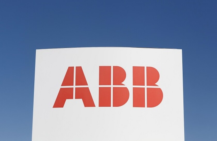 Odense, Denmark - April 9, 2017: ABB logo on a panel. ABB is a Swedish-Swiss multinational corporation operating mainly in robotics