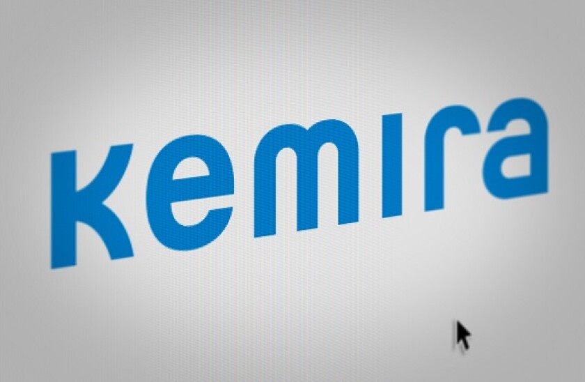 Logo of the public company Kemira displayed on a computer screen in close-up. Credit: PIXDUCE