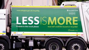 Waste Vehicle with recylcing slogan printed on the side in an effort to get people to recycle, London Borough of Islington, UK