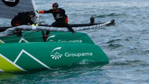 Portsmouth, UK. 25th July, 2015. Crew of the Groupama Team France prepare before they compete in the first official race of the 35th America's Cup World Series Races at Portsmouth in Hampshire, UK Saturday July 25, 2015. The 2015 Portsmouth racing of the 