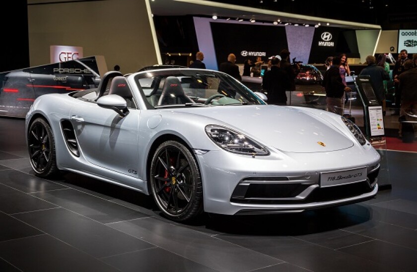 GENEVA, SWITZERLAND - MARCH 7, 2018: Porsche 718 Boxster GTS sports car presented at the 88th Geneva International Motor Show.