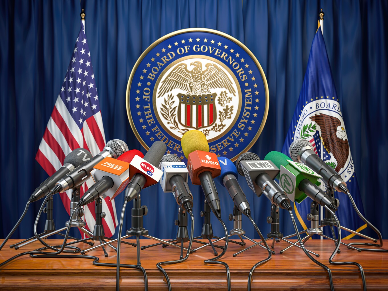 Federal Reserve System Fed of USA press conference concept. Micr