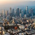 Aerial view, skyscrapers of downtown Los Angeles in the haze, smog, Los Angeles, Los Angeles County, California, USA,