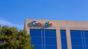 Google sign and logo on its Google center building in Irvine California USA
