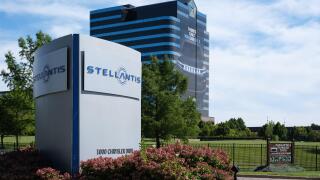 Stellantis sign outside the Chrysler Technology Center and World Headquarters in Auburn Hills Michigan USA