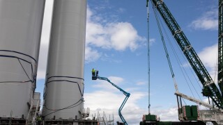 Wind turbine components lay in the Port of Nigg awaiting loading onto the ship that will take them out to Ocean Winds? Moray West offshore wind project to be constructed, in Port of Nigg, Scotland, on 27 June 2024. 
Moray West offshore wind farm:
?