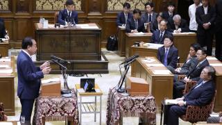 Yoshihiko Noda (L), leader of the main opposition Constitutional Democratic Party of Japan, asks a question to Prime Minister Shigeru Ishiba during a party leaders' debate in parliament in Tokyo on June 11, 2025. (Kyodo)==Kyodo Photo via Credit: Newscom/A