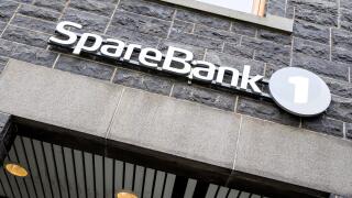 SpareBank 1 sign at branch. SpareBank 1 is a Norwegian alliance and brand name for a group of savings banks.