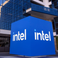 Intel's logo outside its corporate headquarters, the Robert Noyce Building in Santa Clara, California