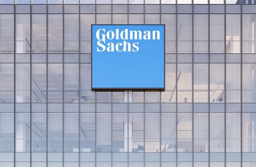 New York, NY, USA. May 2, 2022. Editorial Use Only, 3D CGI. Goldman Sachs Signage Logo on Top of Glass Building. Workplace of Investment Banking Compa