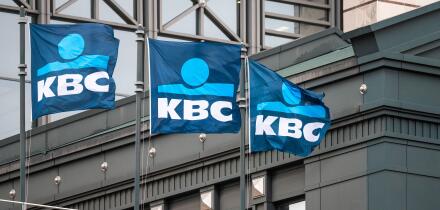 Sign of the KBC bank and insurance company in Molenbeek, Brussels Capital Region, Belgium, OCT 22, 2024