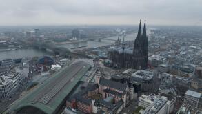 Cologne, 11th of December 2022, Germany. Aerial view of downtown Cologne city center. River rhine, skyline, Cologne Cathedral and the