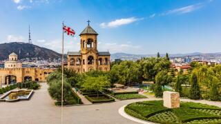 Tbilisi , Georgia - August 26, 2019 :   Holy Trinity Cathedral church esplanade landmark