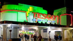 Entrance to Tesco supermarket in former art deco Hoover Building , Perivale, London