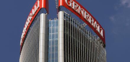 Sign of the Assicurazioni Generali Italian insurance company on top of the Generali Tower in Milan designed by Zaha Hadid Architects