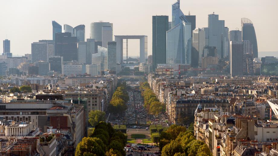 Aerial view of Paris, France to la Defence area