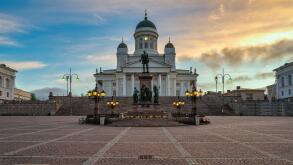 Helsinki Finland, sunrise city skyline at Helsinki Cathedral and Senate Square