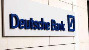 Exterior view of Deutsche Bank sign on side of HQ headquarters Head Office building in Moorgate City of London England UK Great Britain KATHY DEWITT