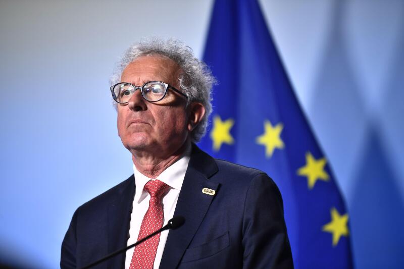 Stockholm, Sweden. 28th Apr, 2023. Pierre Gramegna Managing Director, European Stability Mechanism, during today's informal EU meeting between EU finance ministers and central bank governors in the Scandinavian XPO in Marsta outside Stockholm. Photo: Cai