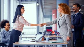 Two businesswomen shaking hands.