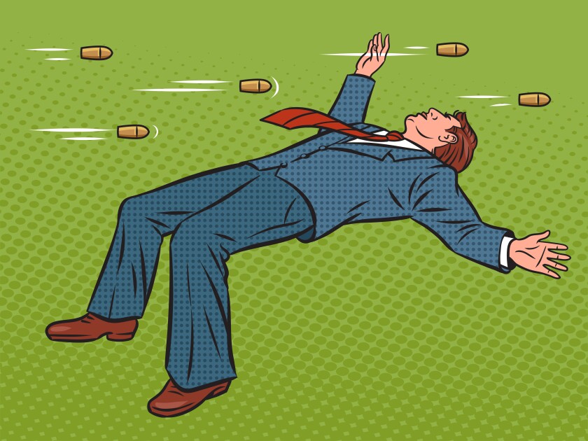 businessman dodging bullets like superhero pop art retro vector