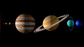 Sun and the eight planets of the solar system on black background. Realistic 3d illustration of the rendering of the planets size. Copy space