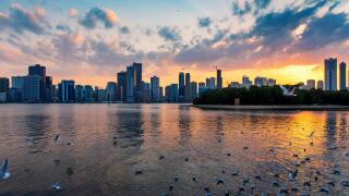 Beautiful sunset over emirate of Sharjah skyline in the Uinted Arab Emirates