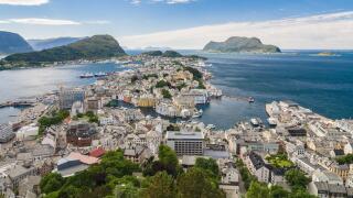 Sunny view of Alesund from mountain Aksla, Norway