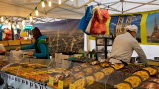 French pastries for sale on continental baker bakery market stall York North Yorkshire England UK United Kingdom GB Great Britain
