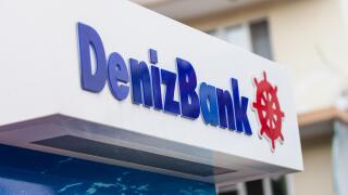 ALANYA / TURKEY - SEPTEMBER 29, 2018: Cash dispenser from DenizBank stands near a street in Alanya
