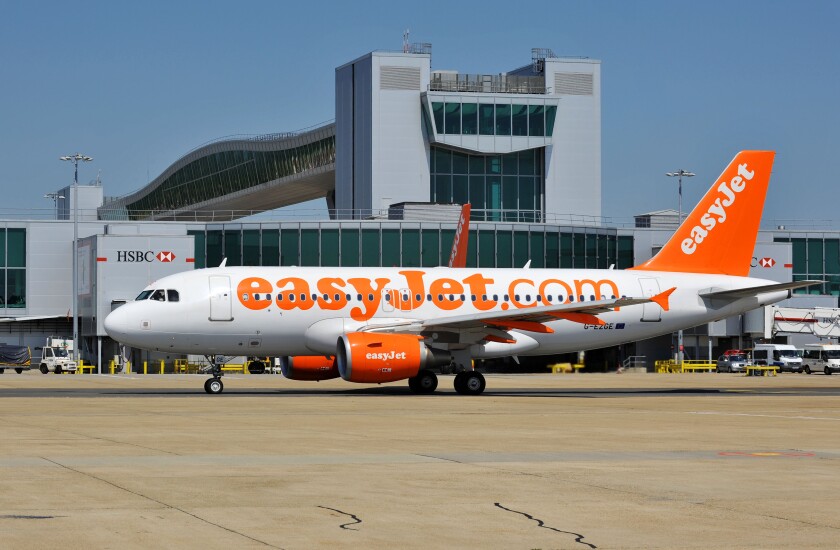 EasyJet plane, EasyJet airline, EasyJet aeroplane at Gatwick Airport Terminal, London, Britain, UK