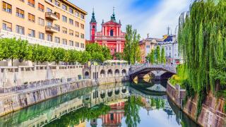Ljubljana, Slovenia. Cityscape on Ljubljanica river canal in old town.
