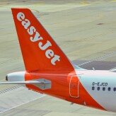 London, England, UK - 1 August 2023: Tail fin of an Airbus A320 passenger jet operated by budget airline easyjet (registration G-EJCD) at London Gatwick airport