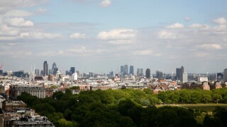 Skyline view over Hyde Park to Mayfair and beyond to central London, UK