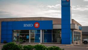 Exterior facade of a BMO Bank branch in Ontario, Canada